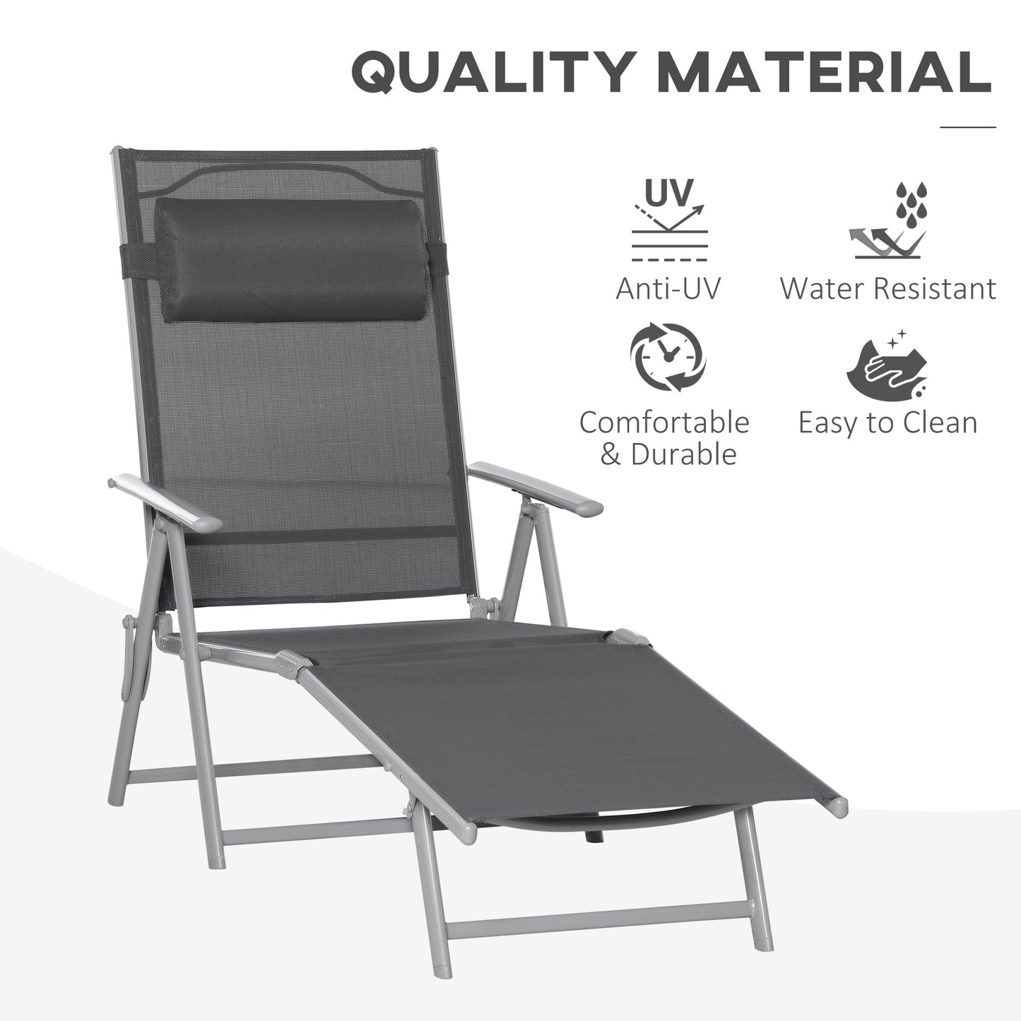 Outsunny Steel Fabric Sun Lounger Outdoor Folding Chaise Lounge Chair Recliner With Portable Design & 7 Adjustable Backrest Positions - Dark Grey