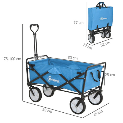 Pull Along Cart Folding Cargo Wagon Trailer Trolley for Beach Garden Use with Telescopic Handle - Blue