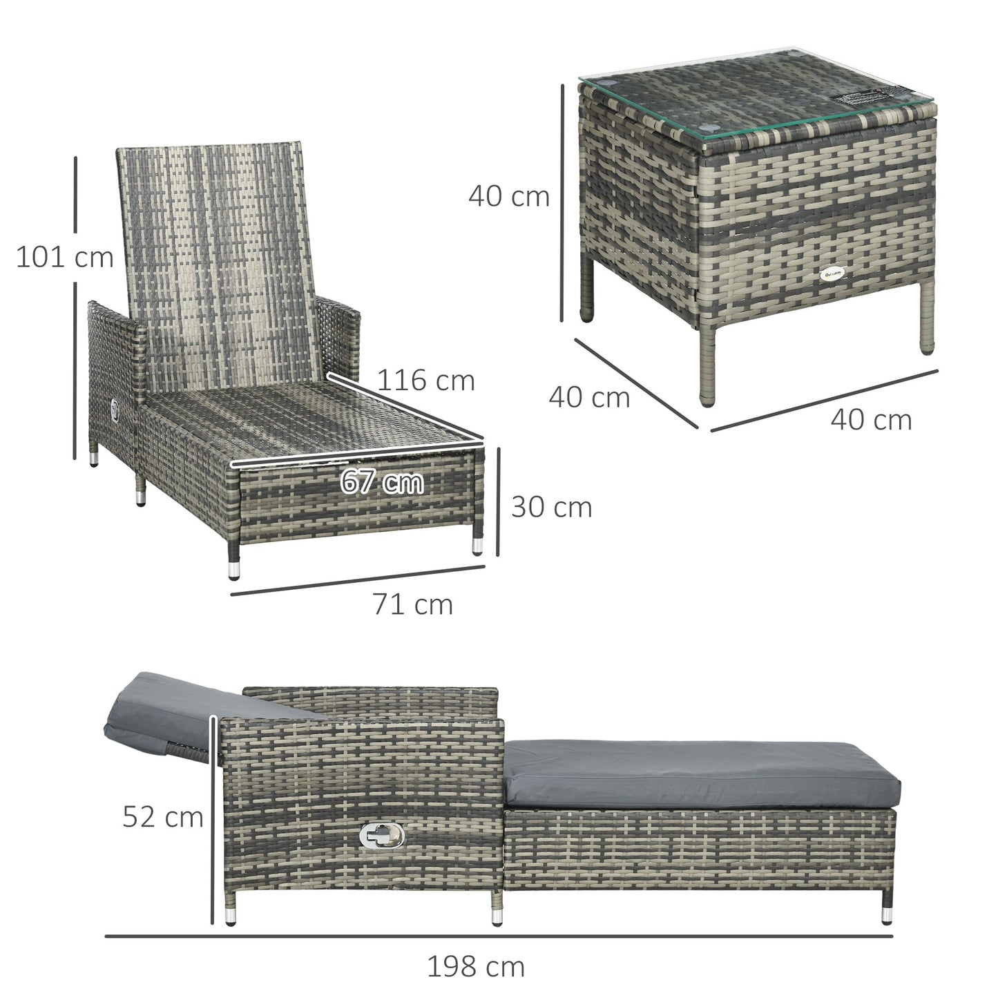 Outsunny 3-Pieces Rattan Sun Lounger