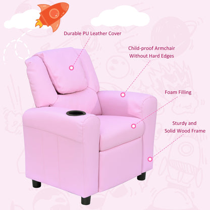 Kids Children Recliner Lounger Armchair Games Chair Sofa Seat PU Leather Look w/ Cup Holder Pink