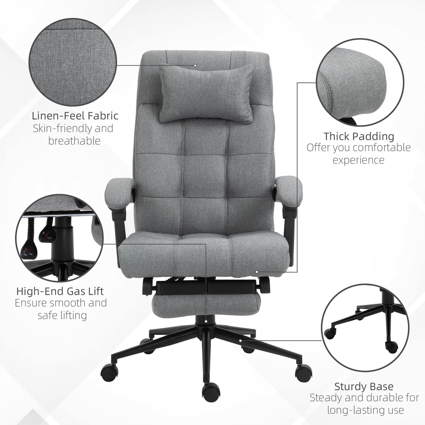 Vinsetto Office Chair With Footrest Ergonomic Office Chair With Armrests Lumber Support And Headrest Light Grey