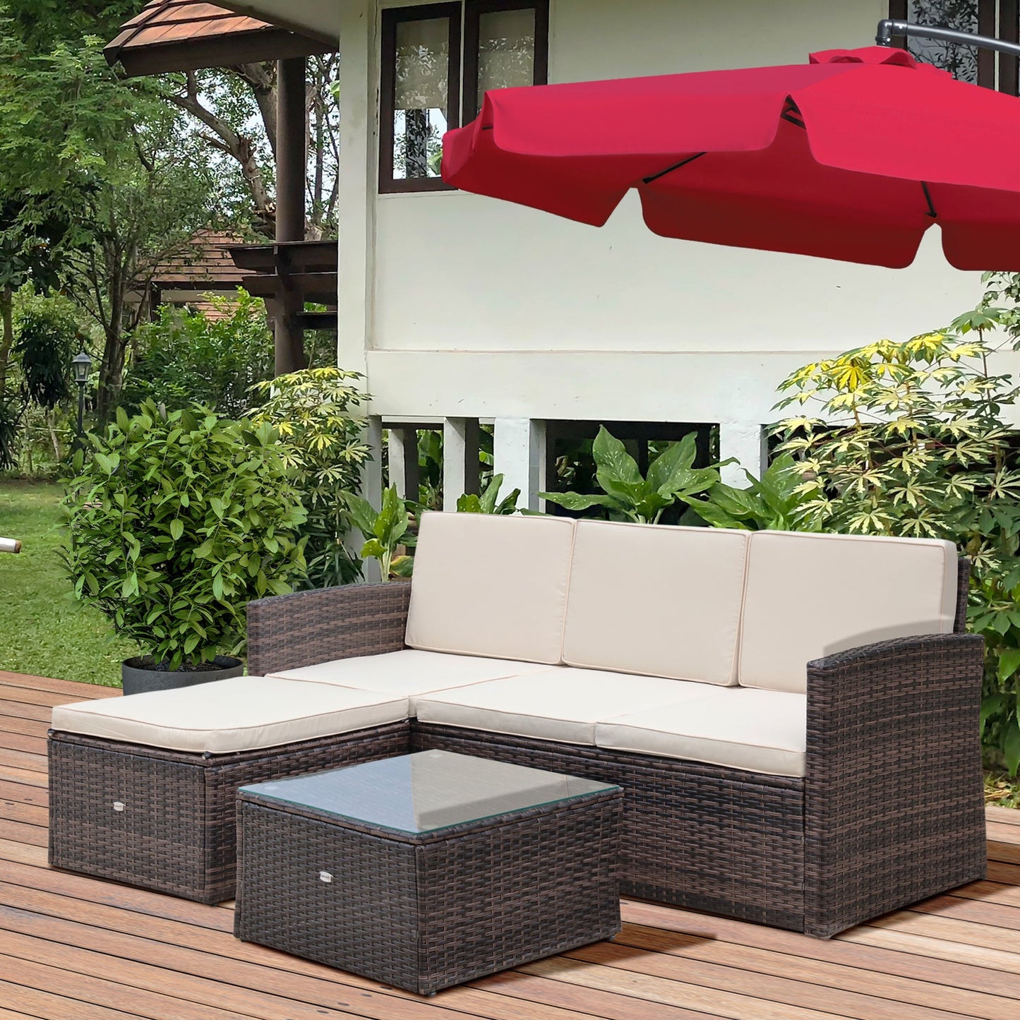 Rattan Garden Furniture Outdoor Patio 4 Seater Corner Sofa and Coffee Table Set Footstool with Thick Cushions Brown