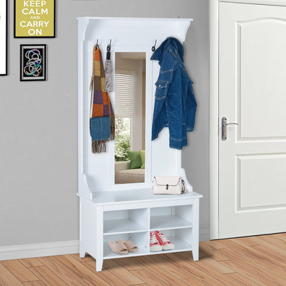 Hallway Furniture Set Shoe Bench Storage Mirror Cabinet Coat Rack Multiple Cubes Hangers Organiser Shelves w/ 4 Hooks