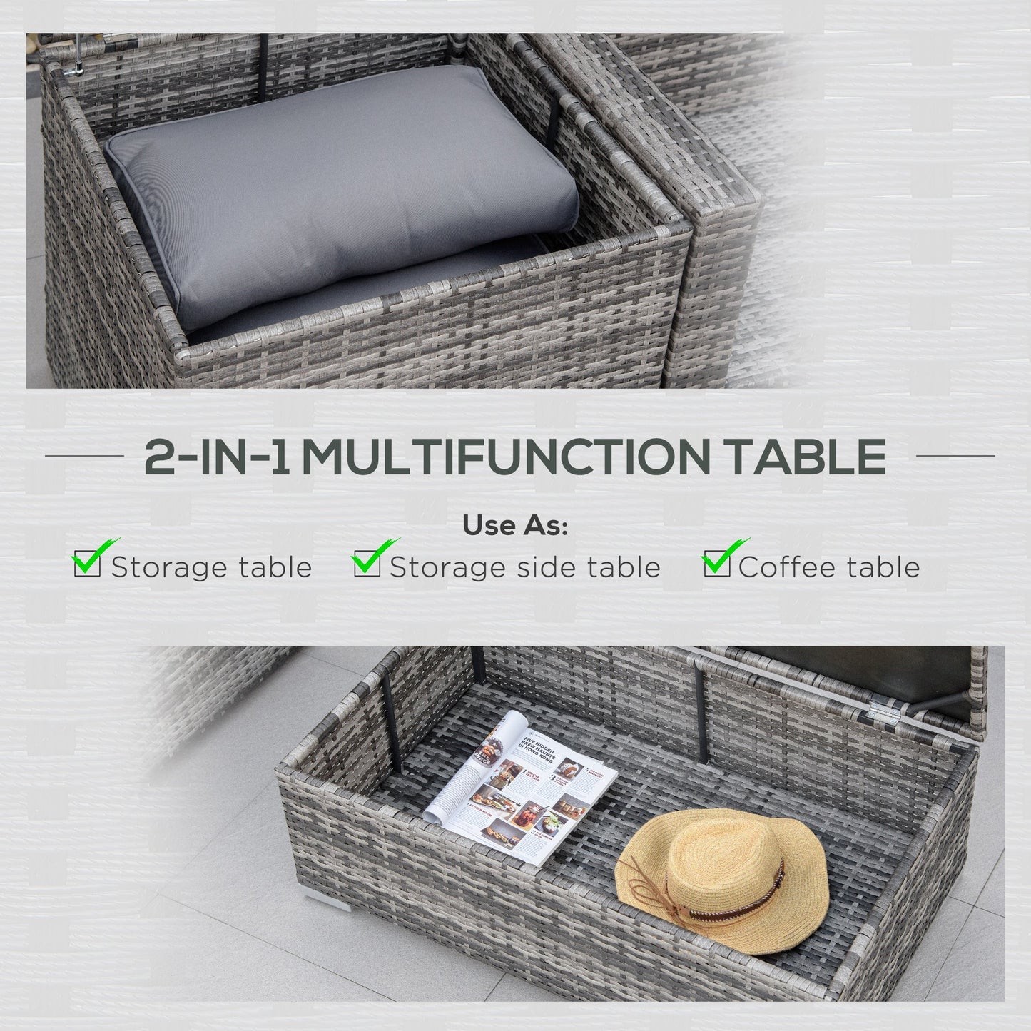 Outsunny 6Pc Rattan Corner Sofa Set Wicker 4 Seater Garden Storage Coffee Table Conversation Ottoman Outdoor Weave Furniture W/ Cushion Grey