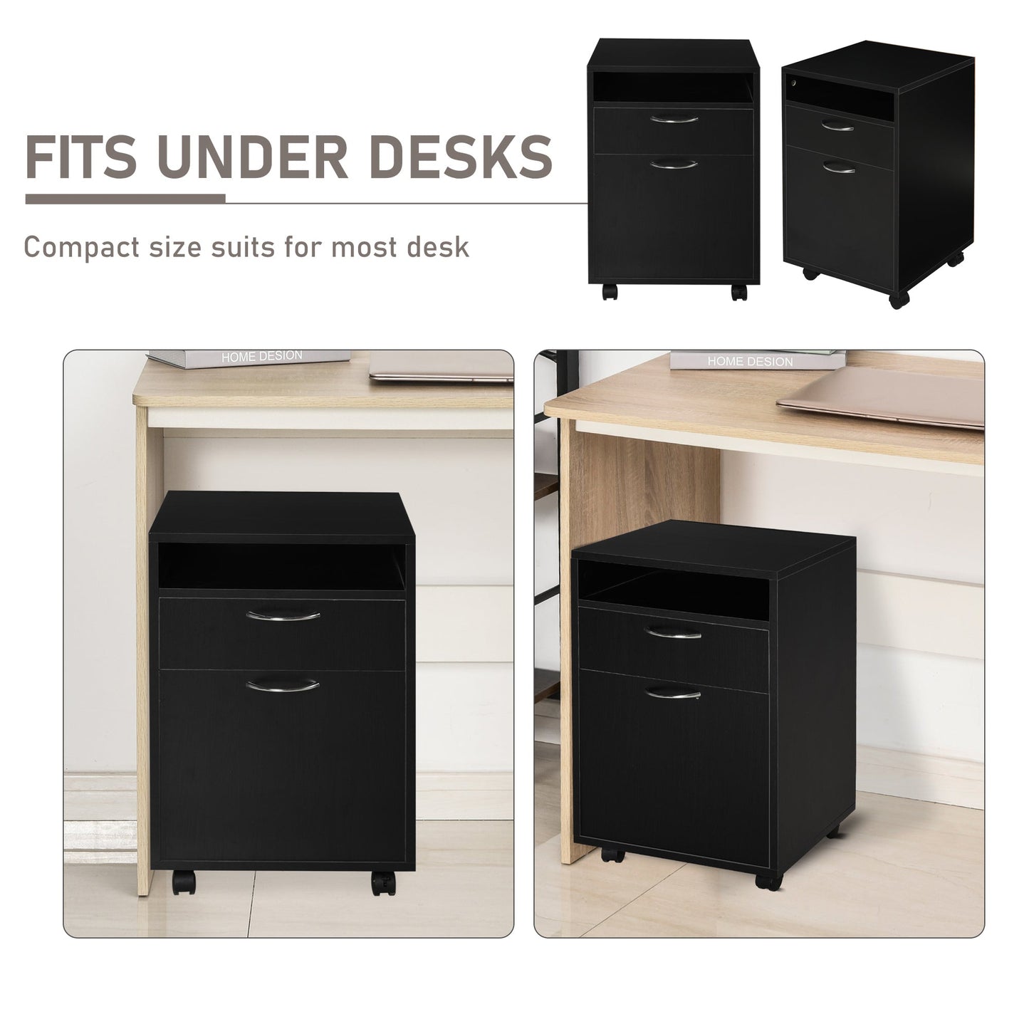 60cm Storage Cabinet w/ Drawer Open Shelf Metal Handles 4 Wheels Office Home Organiser Mobile Printer Black