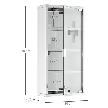 4 Tier Stainless Steel Wall Mounted Medicine Cabinet Glass Lockable Door Storage Shelves Houseware Bathroom Furniture 60Hx30Wx12Dcm w/2 Keys