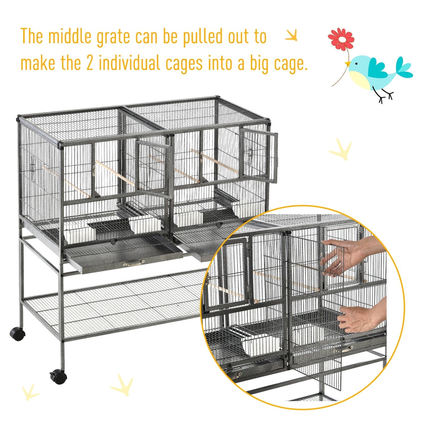 Grille 102cm Parrot Cage Wheeled Grey & Black by Pawhut