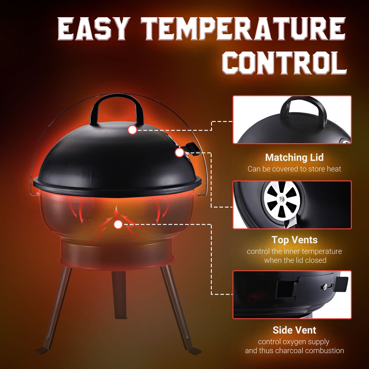 Metal Portable Tripod Charcoal BBQ Grill Black