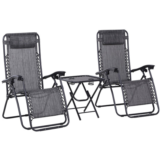 3-Piece Folding Zero Gravity Chairs Sun Lounger Table Set w/ Cup Holders Reclining Garden Yard Pool