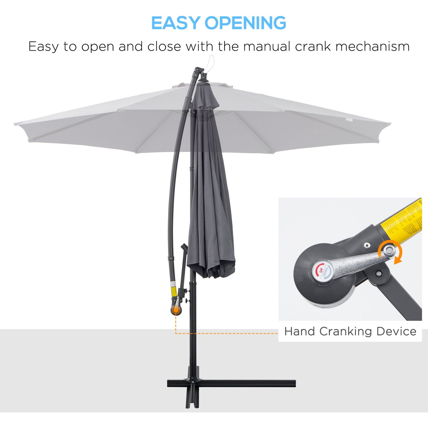 Outsunny 3(M) Garden Parasol Sun Shade Patio Banana Hanging Umbrella Cantilever With Crank Handle And Cross Base Grey