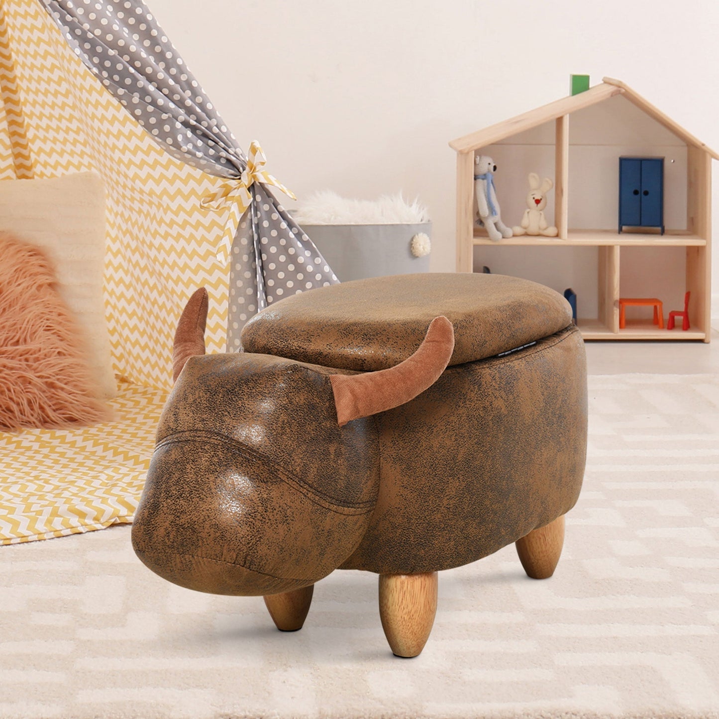 Animal footstool Buffalo Storage Stool Cute Kids Decoration Wood Frame Legs w/Padding Lid Ottoman Furniture Brown