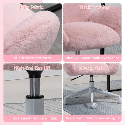 Fluffy Leisure Chair Office Chair with Backrest and Armrest for Home Bedroom Living Room with Wheels Pink