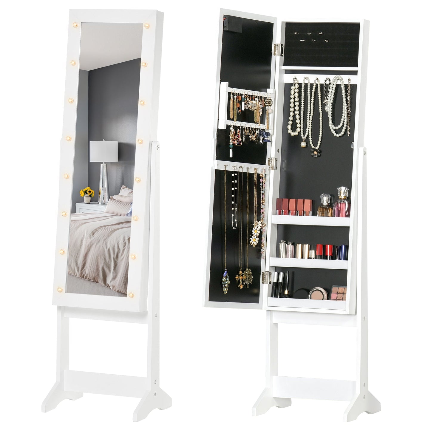 Free Standing LED Mirrored Jewelry Cabinet Armoire Floor Organiser W/ 3 Angle Adjustable For Rings Earrings Bracelets Cosmetics Warm White