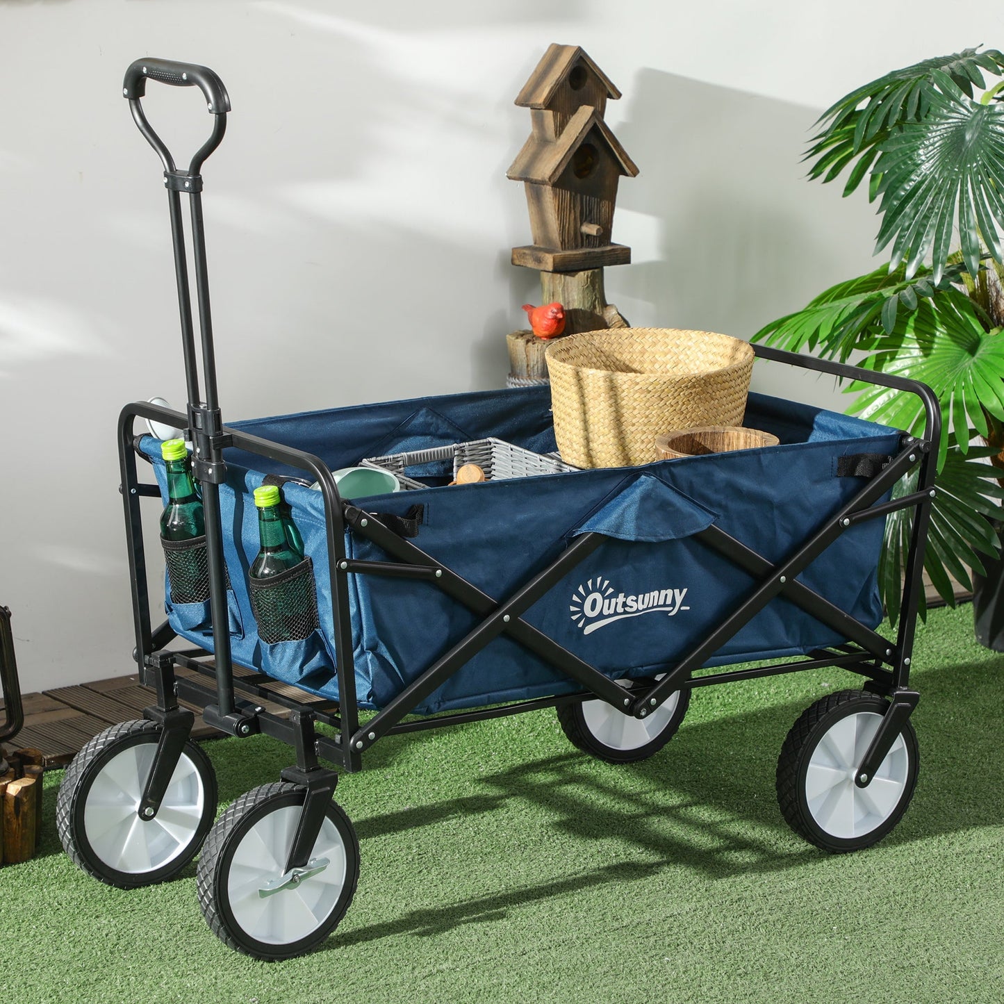 Pull Along Cart Folding Cargo Wagon Trailer Trolley for Beach Garden Use with Telescopic Handle - Navy Blue