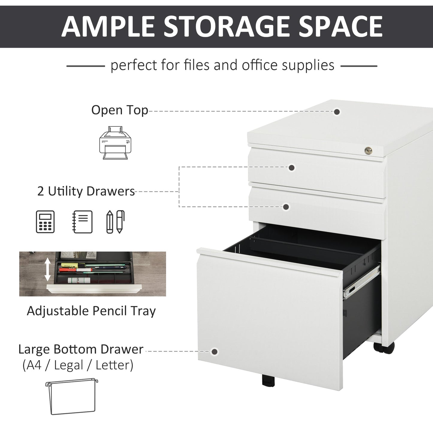 Vinsetto Mobile Vertical File Cabinet Lockable Metal Filling Cabinet with 3 Drawers and Anti-tilt Design