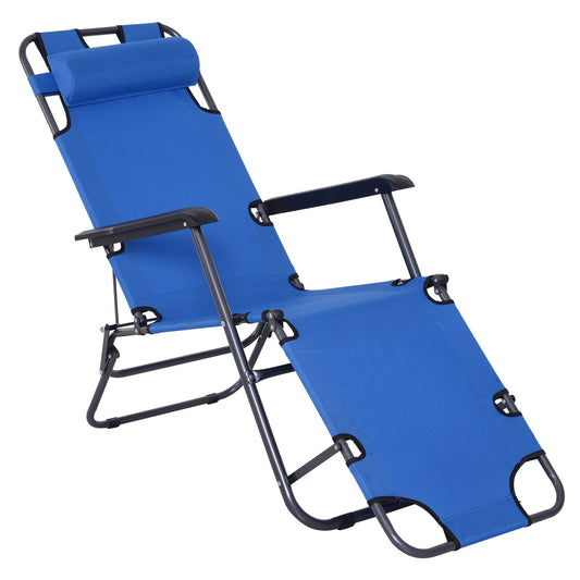 2 in 1 Sun Lounger Folding Reclining Chair Garden Outdoor Camping Adjustable Back with Pillow Blue