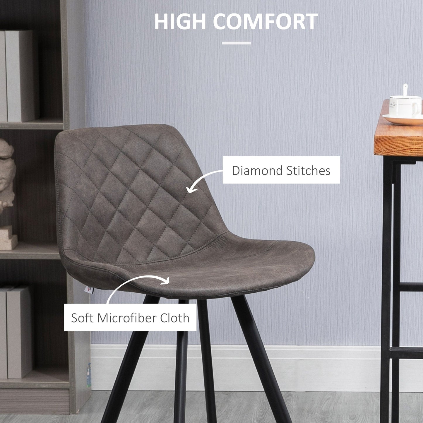 Set Of 2 Bar Stools Vintage Microfiber Cloth Tub Seat Padded Comfortable Steel Frame Footrest Quilted Home Bar Cafe Kitchen Chair Stylish Dark Grey