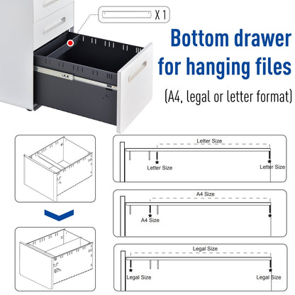 Vinsetto Fully Assembled 3-Drawer Mobile File Cabinet Lockable All-Metal Rolling Vertical File Cabinet White