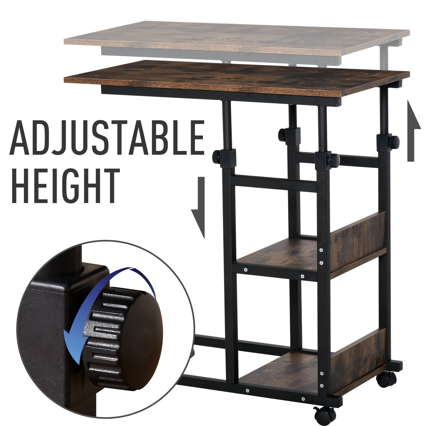 C-Shaped Side Table Industrial Mobile Rolling End Desk with 3-Tier Storage Shelving