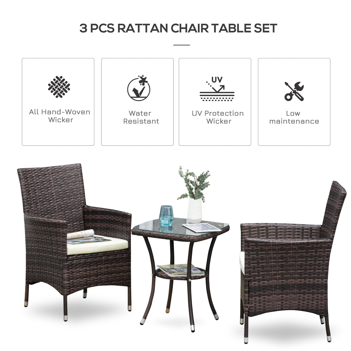 Outsunny Three-Piece Rattan Chair Set With Cushions - Brown