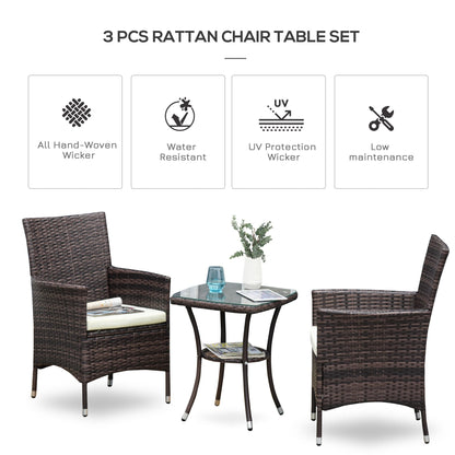 Outsunny Three-Piece Rattan Chair Set With Cushions - Brown