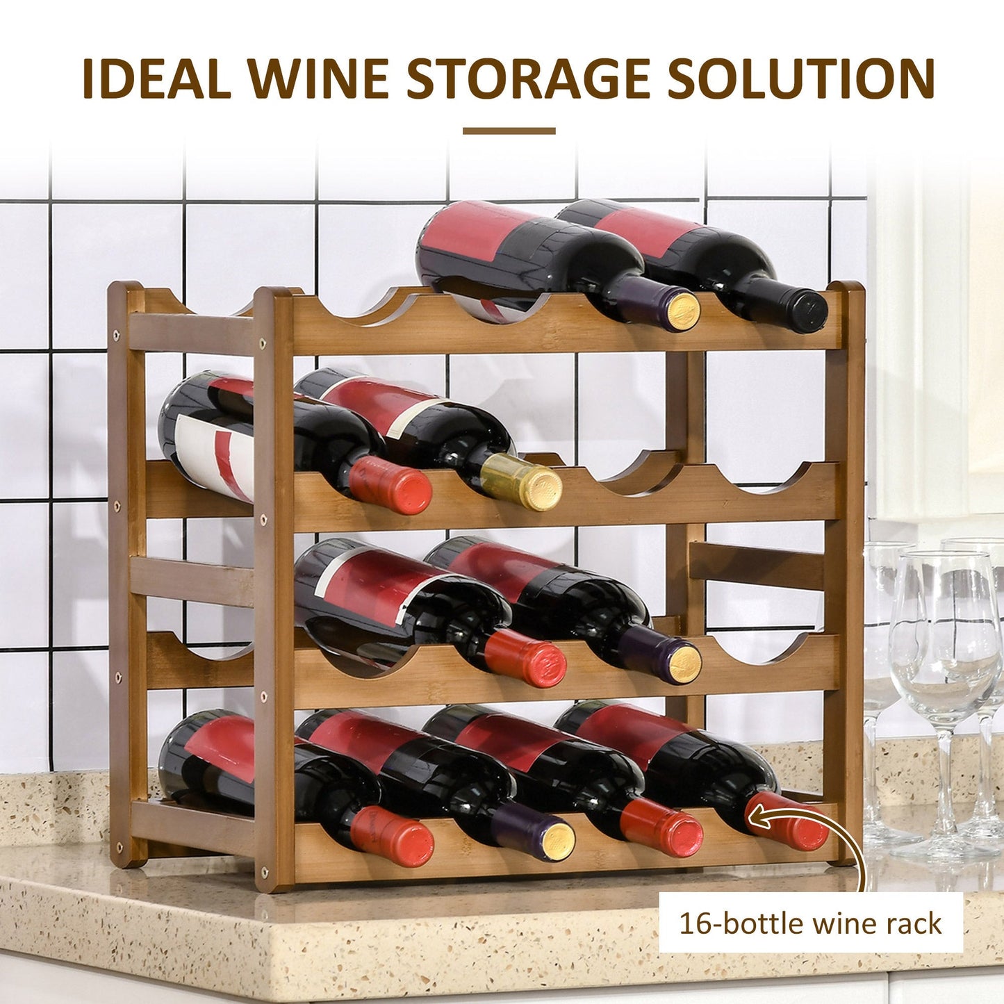 Free Standing Bamboo Wine Rack with 16 Bottles Holder