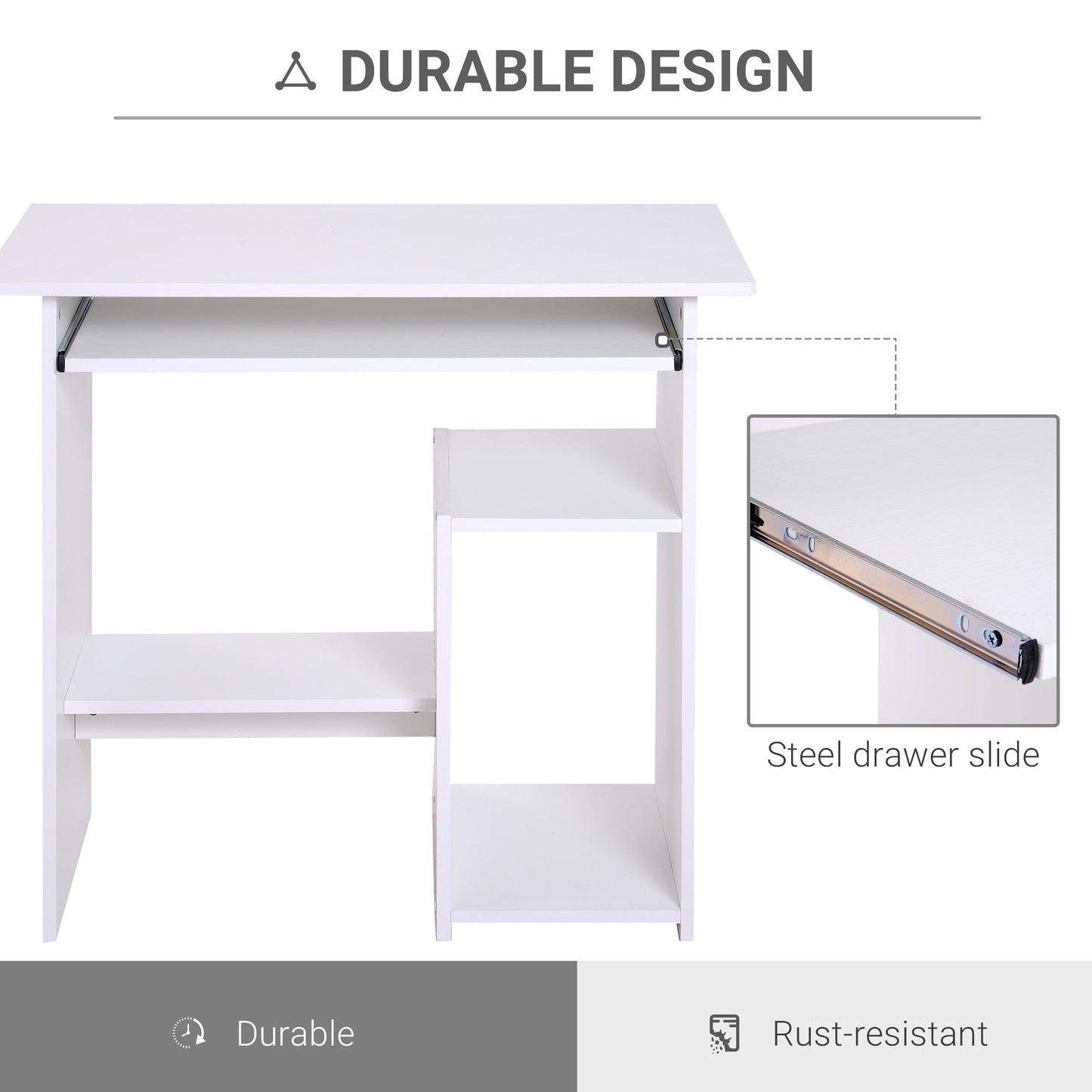 Homcom Compact Small Computer Table Wooden Desk Keyboard Tray Storage Shelf Modern Corner Table Home Office White