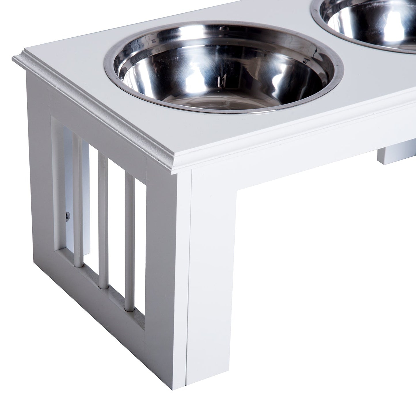 PawHut Stainless Steel Raised Dog Feeding Bowls with Stand for Small Medium Dogs Elevated Twin Pet Bowls Water Food Feeder 58.4L x 30.5W x 25.4H cm - White