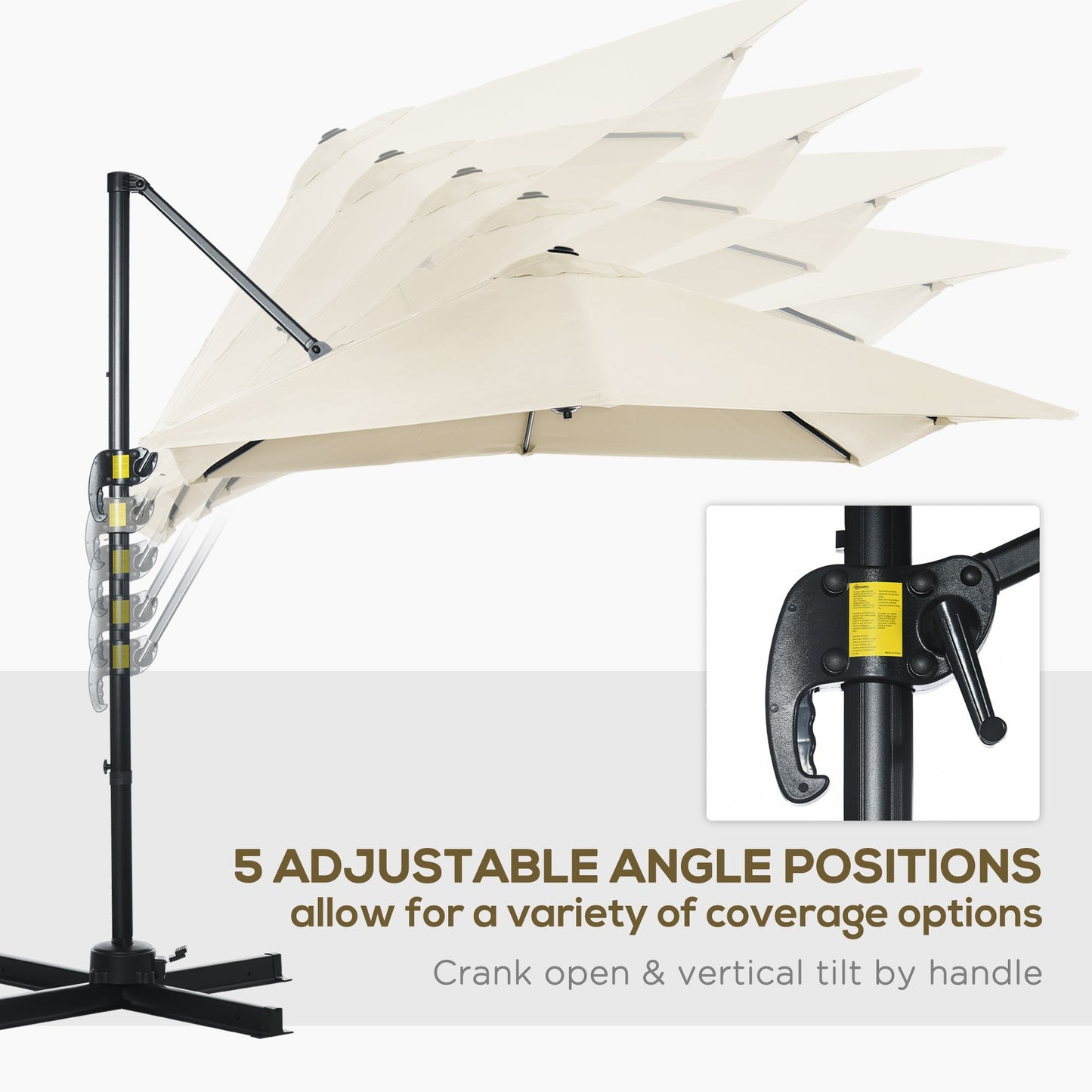 Outsunny 2.5 x 2.5m Patio Offset Parasol Umbrella Cantilever Hanging Aluminium Sun Shade Canopy Shelter 360 Rotation with Crank Handle and Cross Base