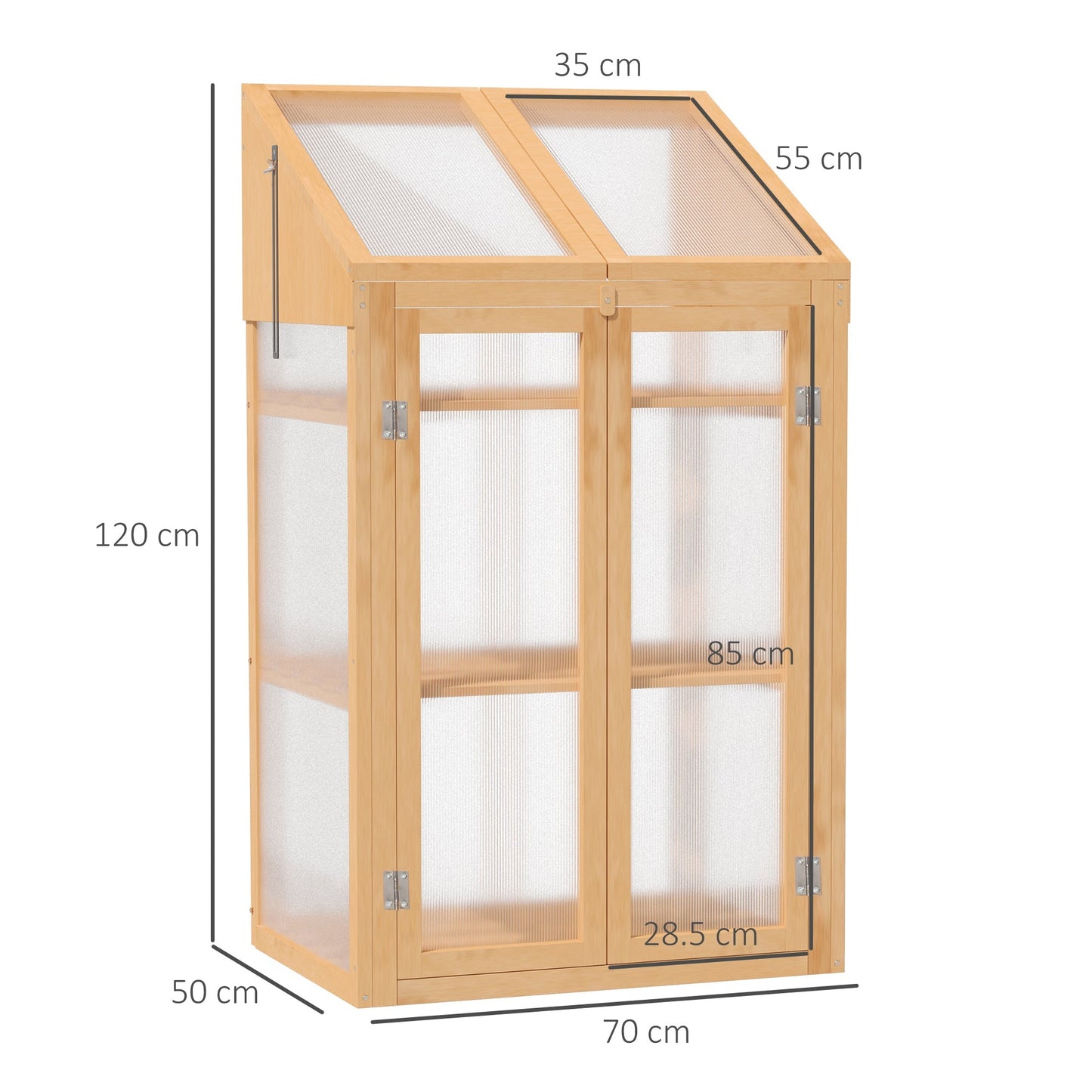 Wooden Cold Frame Polycarbonate Greenhouse with Openable Top Cover and Double Door