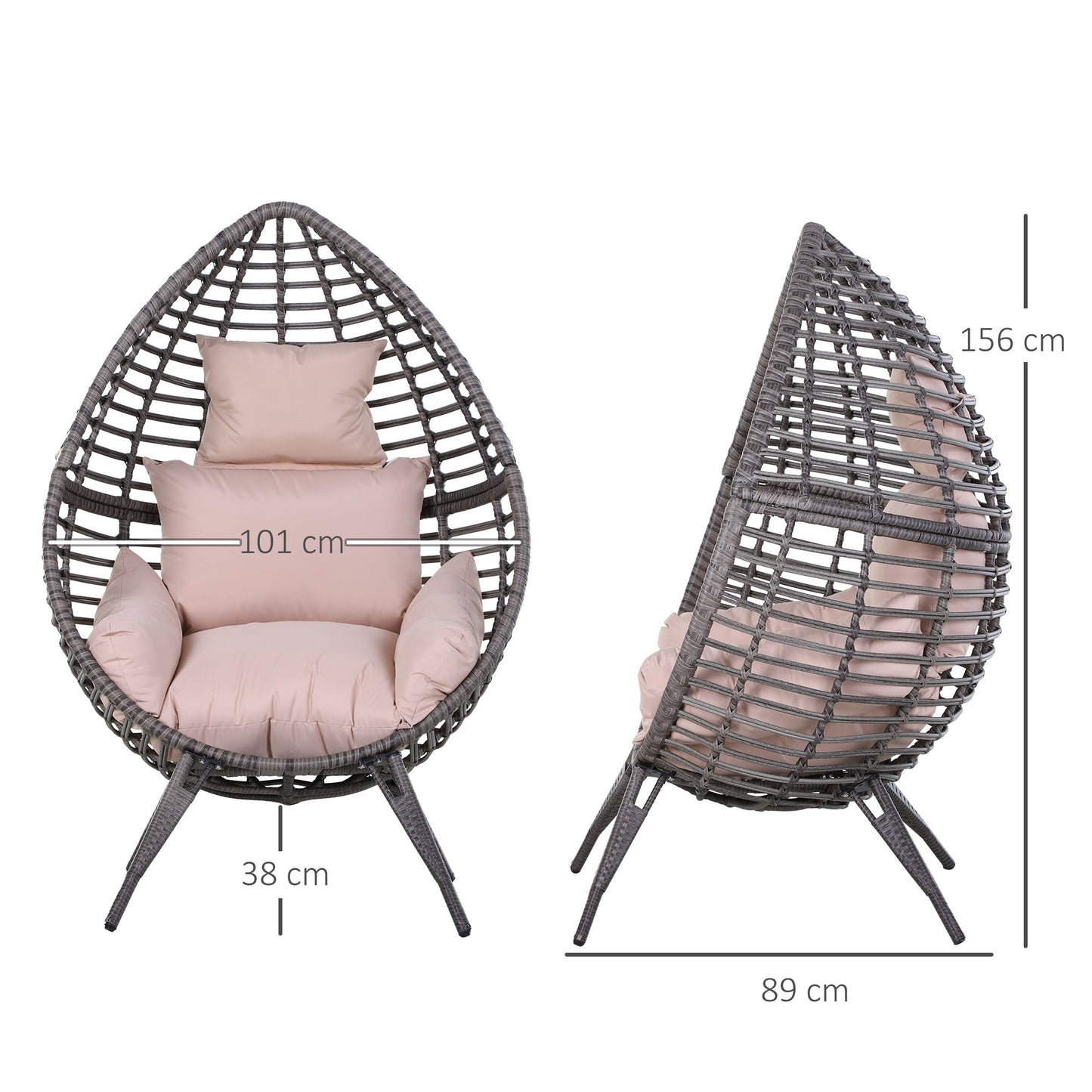 Outsunny Outdoor Egg Chair Pe Rattan Teardrop Chair With Full-Body Soft Padded Cushion Grey