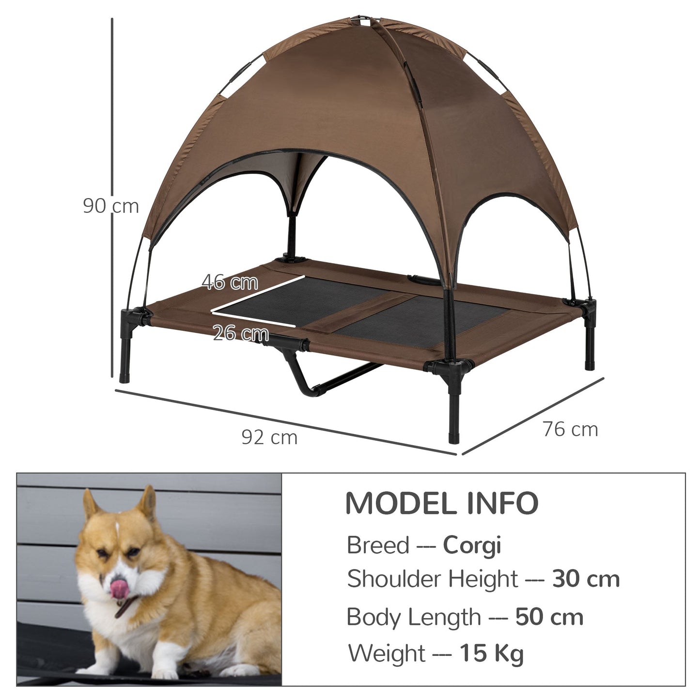 PawHut Raised Dog Bed Waterproof Elevated Pet Cot with Breathable Mesh UV Protection Canopy Coffee