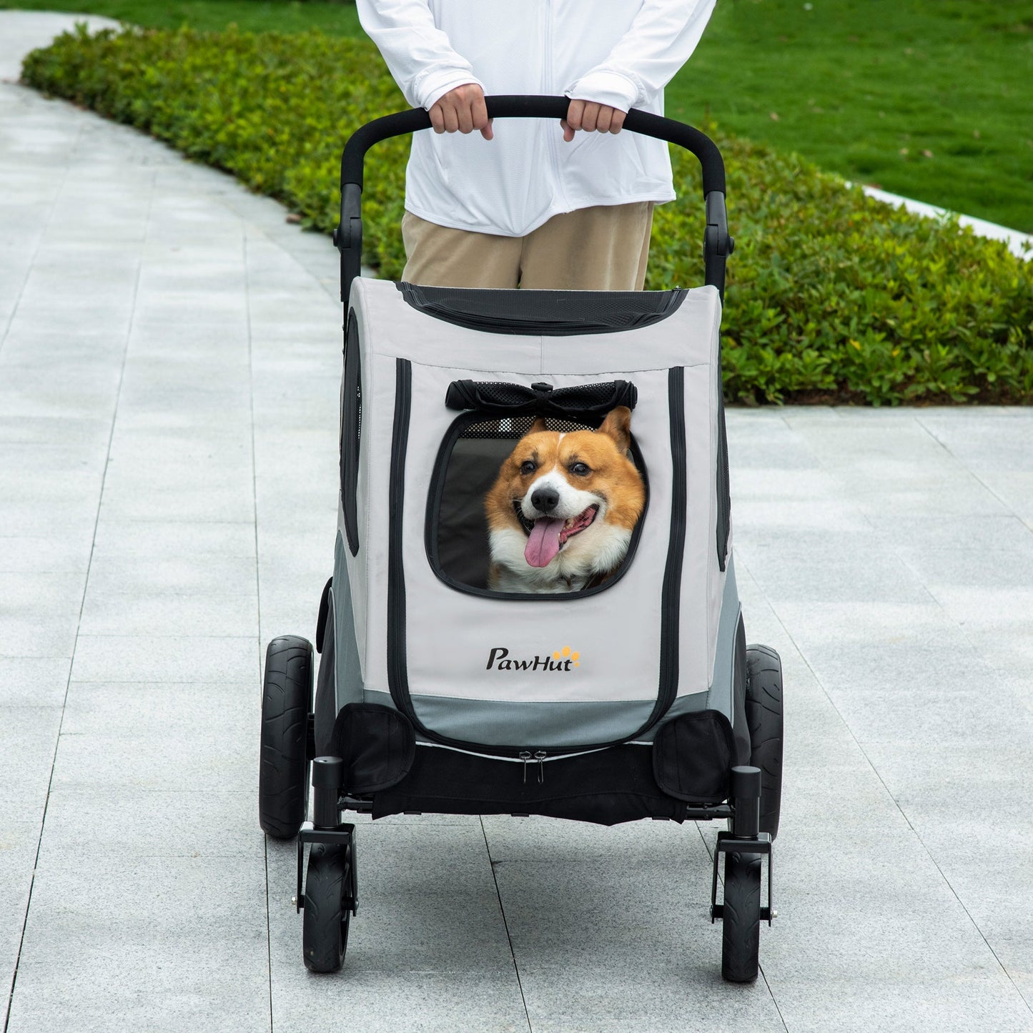 PawHut Pet Stroller for Medium Dogs Cat Pushchair Buggy Pram with 4 Wheels Safety Leash Zipper Doors Mesh Windows Storage Bag - Grey