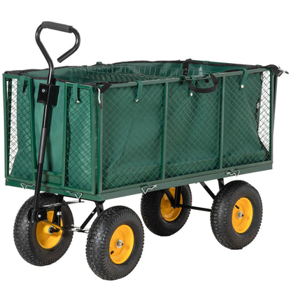 Large 4 Wheel Heavy Duty Garden Cart Truck Trolley Wheelbarrow with Handle and Metal Frame - Green