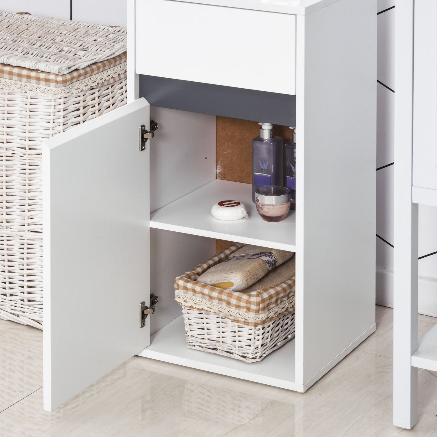 Medium-density fibreboard Tri-Compartment Bathroom Storage Cabinet White