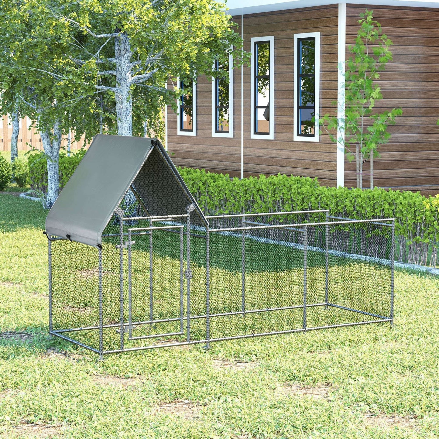 PawHut Walk In Chicken Run Galvanized Chicken Coop Hen House w/ Water-Resist Cover