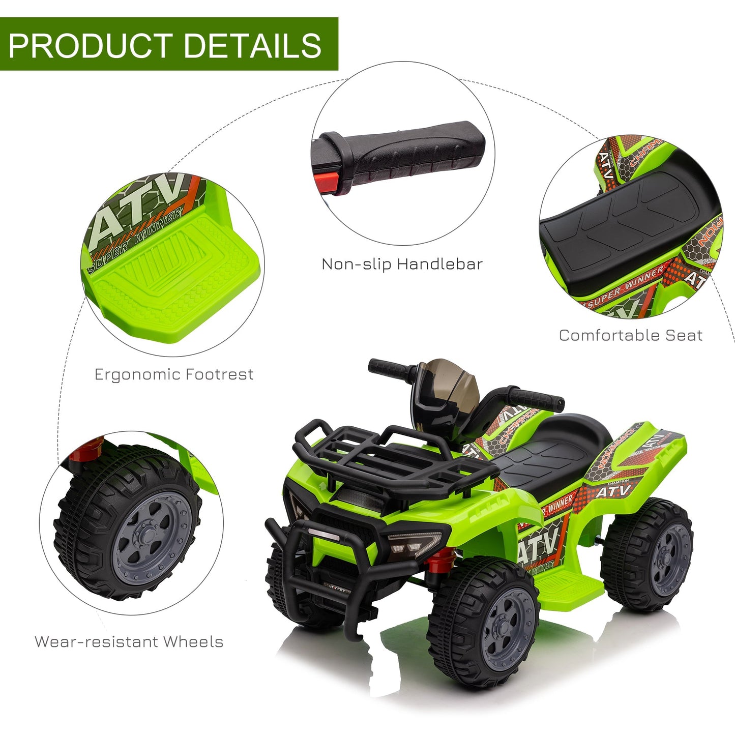 Homcom Kids Ride-on Four Wheeler ATV Car with Real Working Headlights for 18-36M