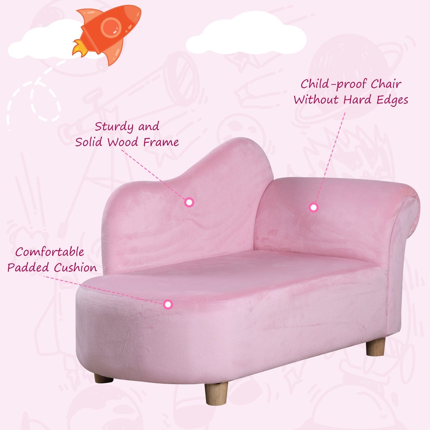 Kids Velvet-Like Chaise Lounge Pink