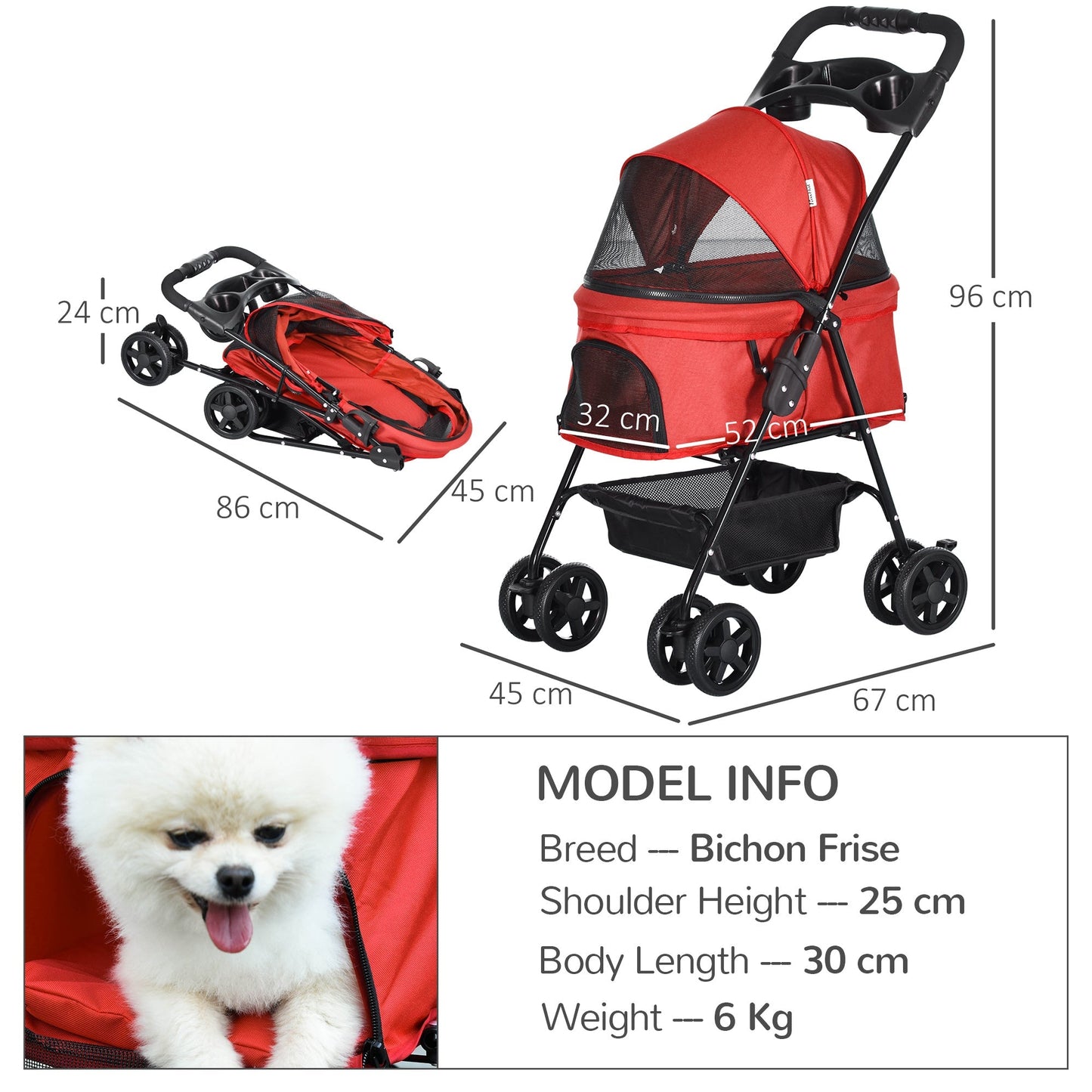 PawHut Dog Stroller Pet Cat Travel Pushchair One-Click Fold Trolley Jogger with EVA Wheels Brake Basket Adjustable Canopy Safety Leash for Small Dogs