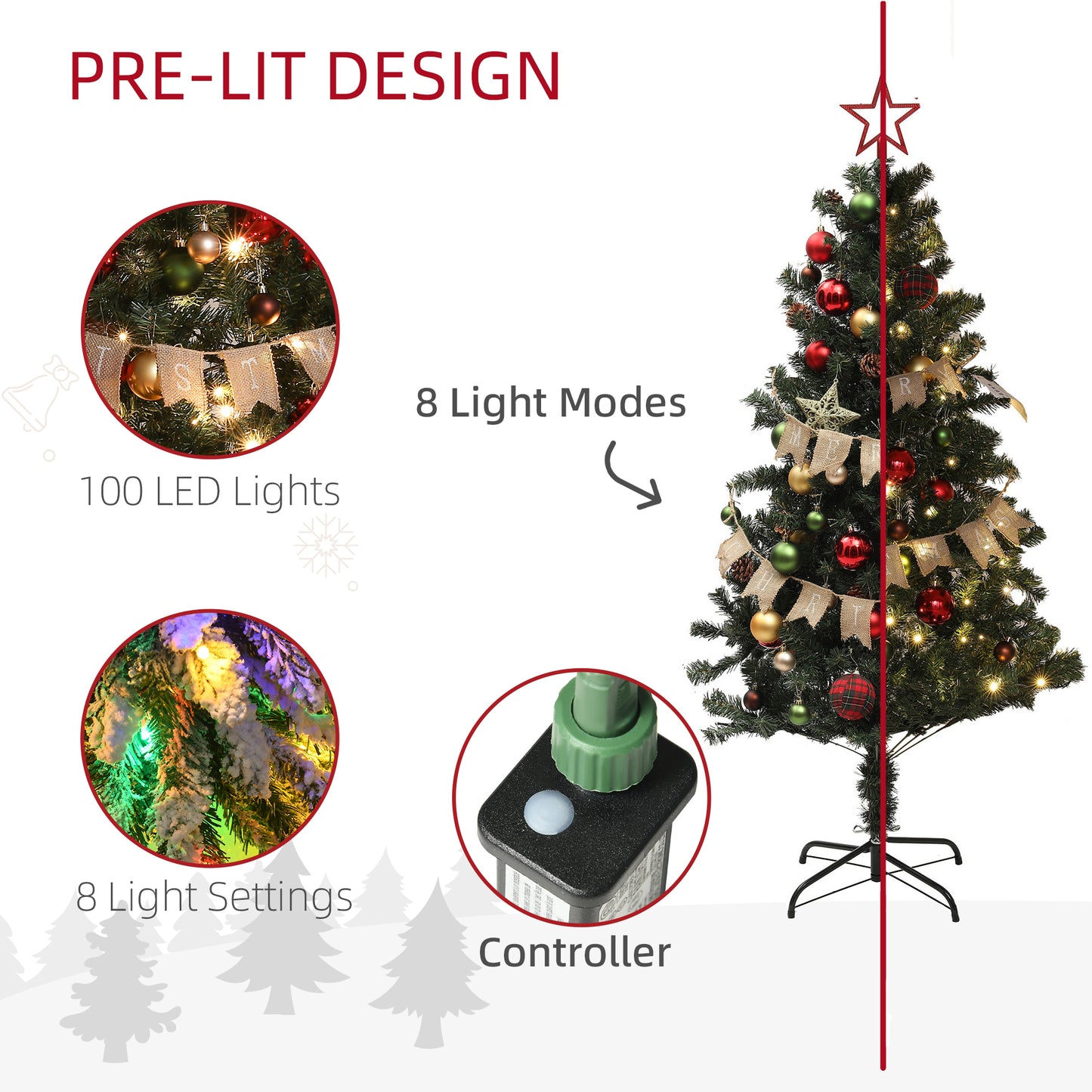 5ft Decorated Christmas Tree Artificial - Dark Green with LED Lights Warm White 353 Tips