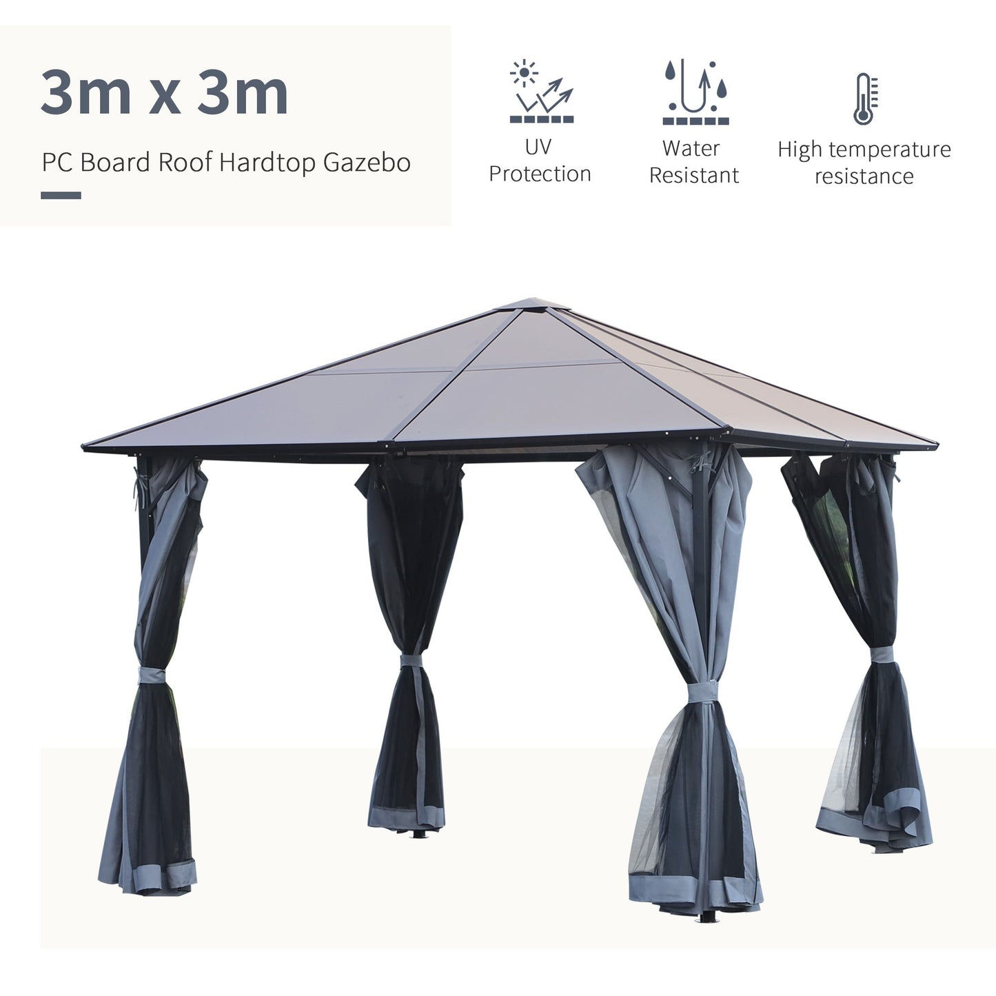 3 x 4m Garden Aluminium Gazebo Hardtop Roof Canopy Marquee Party Tent Patio Outdoor Shelter with Mesh Curtains & Side Walls - Grey