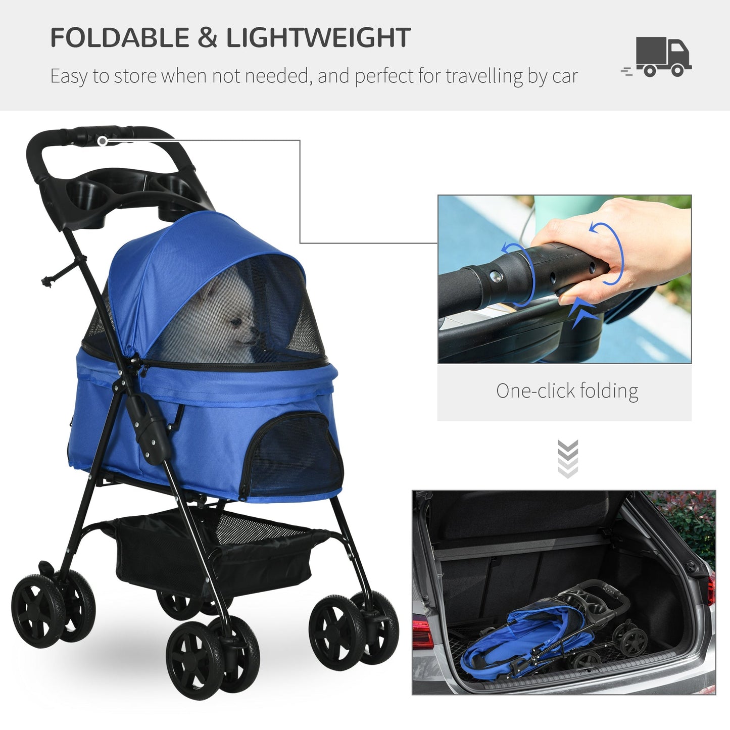 PawHut Dog Stroller Pet Cat Travel Pushchair One-Click Fold Trolley Jogger with EVA Wheels Brake Basket Adjustable Canopy Safety Leash for Small Dogs