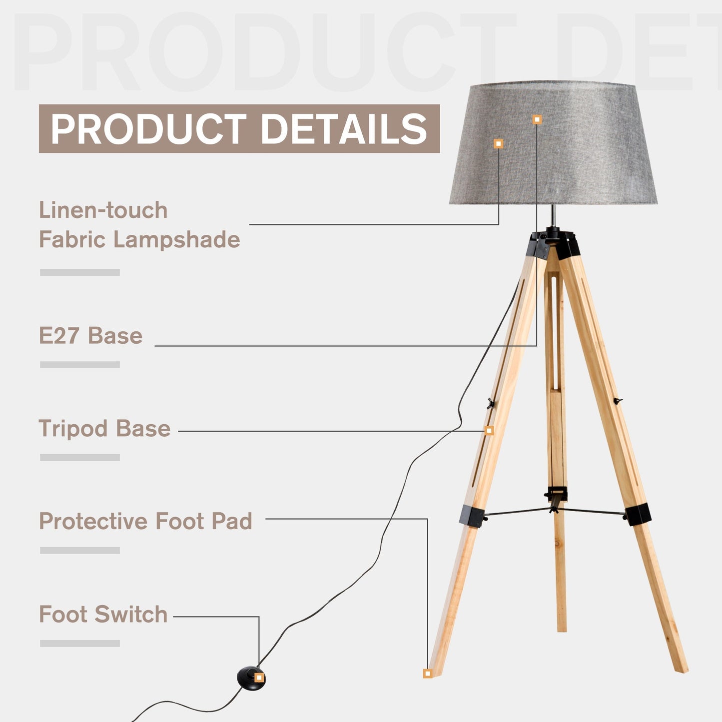 Homcom Tripod Floor Lamp Wooden Adjustable Modern Illumination Design E27 Bulb Compatible (Grey Shade) 99-143H