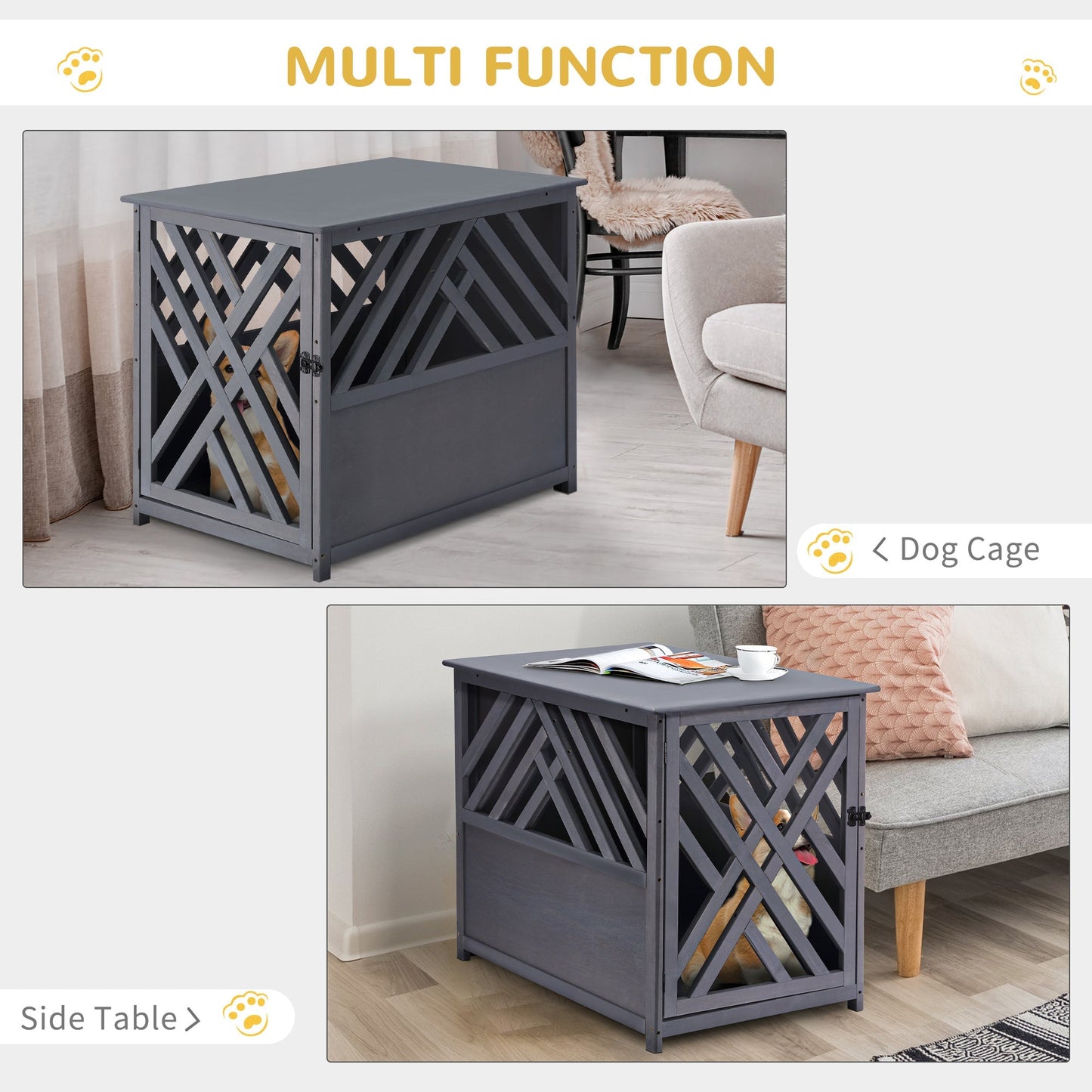 PawHut Wood Dog Crate Dog Cage Table Kennel Night Stand with Lockable Door for Small Medium Pets Grey 60 x 91 x 74 cm