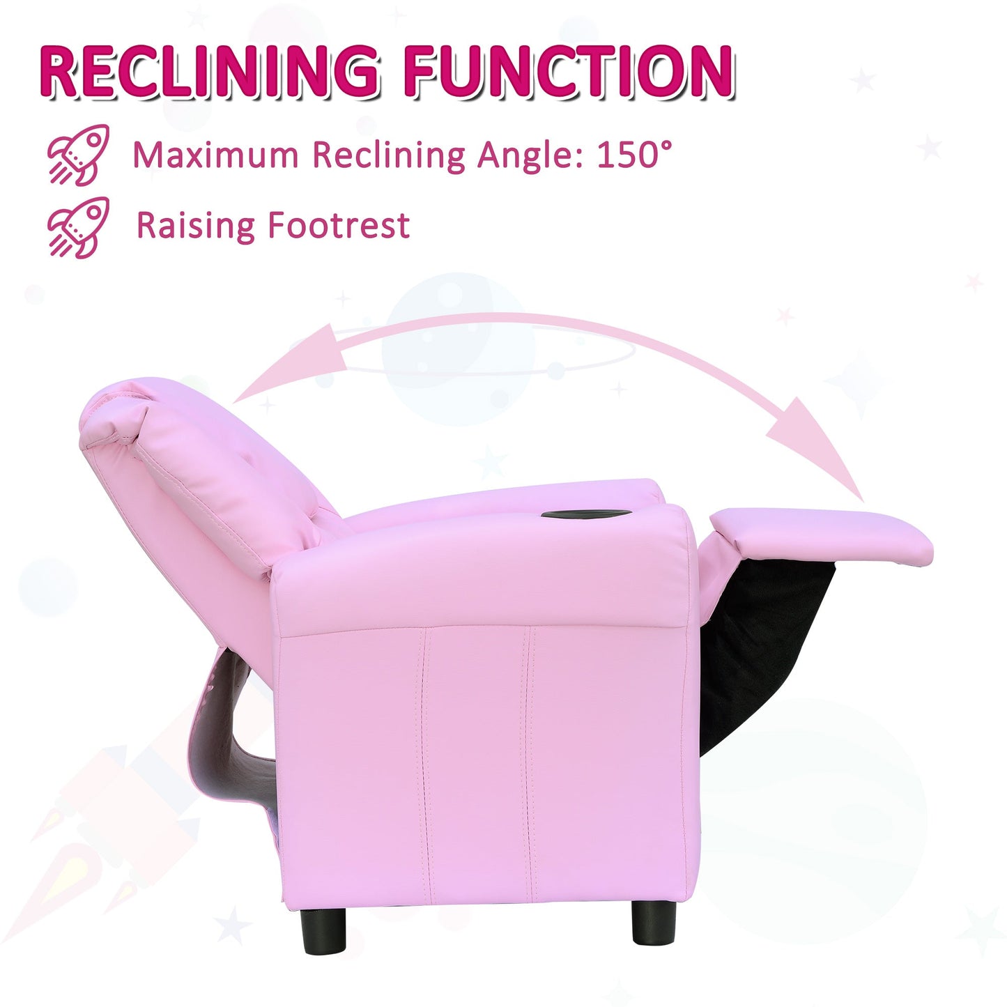 Kids Children Recliner Lounger Armchair Games Chair Sofa Seat PU Leather Look w/ Cup Holder Pink