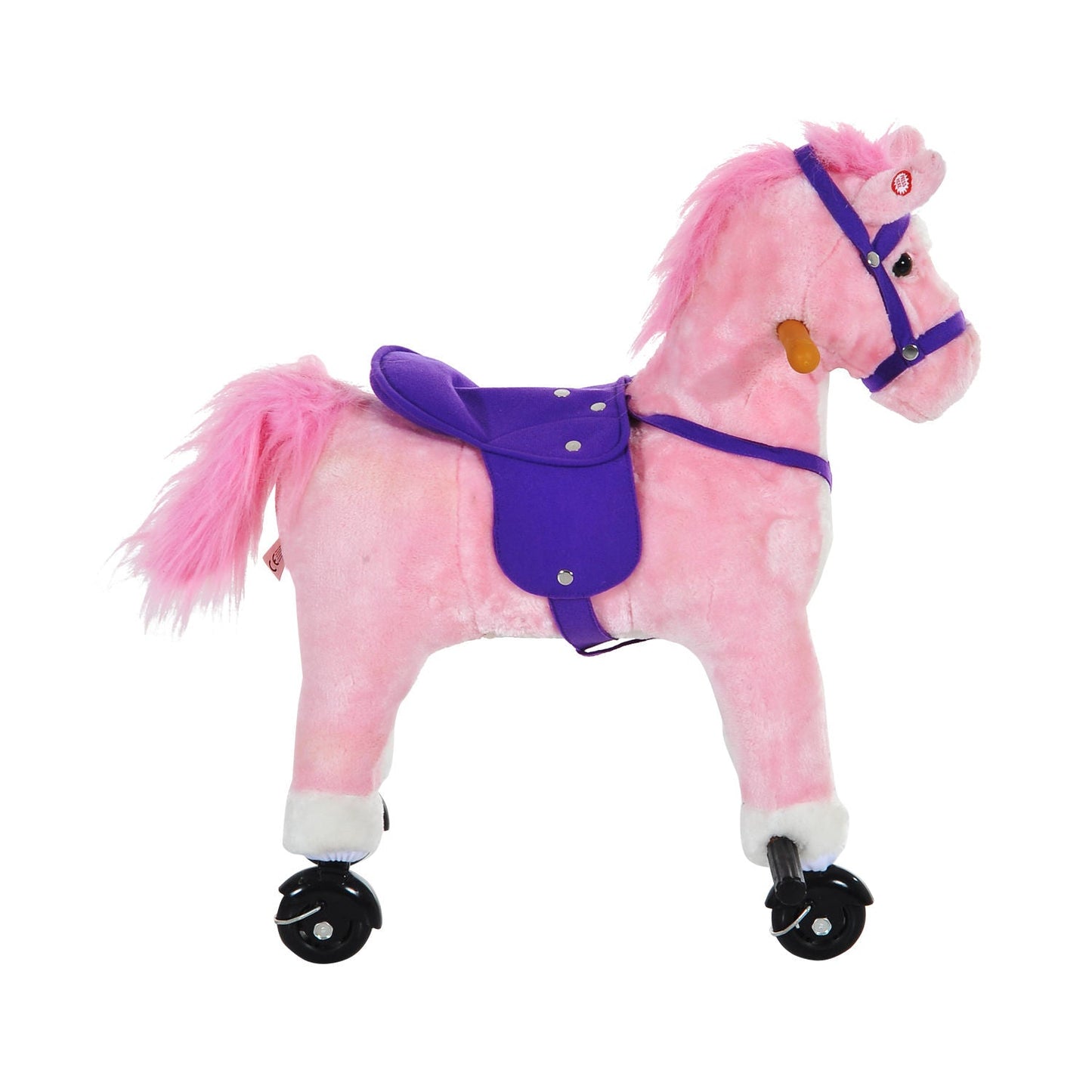 Wooden Action Pony Wheeled Walking Horse Riding Little Baby Plush Toy Wooden Style Ride on Animal Kids Gift w/Sound Pink