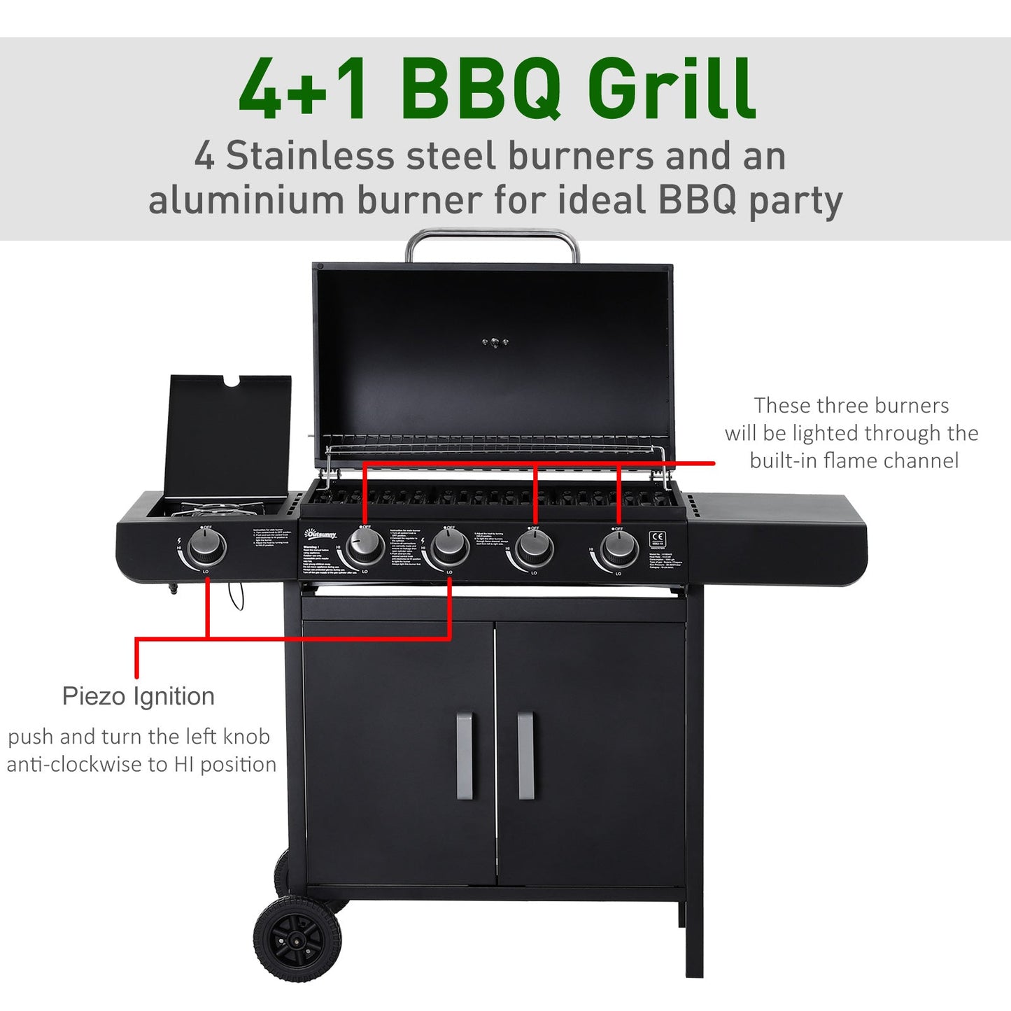 Outsunny 4+1 Gas Burner Grill Bbq Trolley Backyard Garden Smoker Side Burner Barbecue With Storage Side Table Wheels