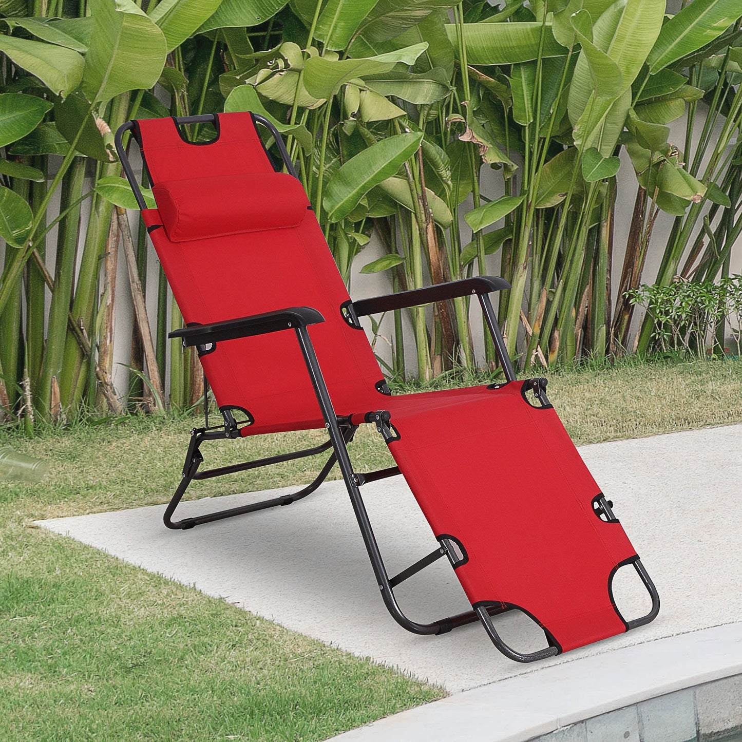 2 in 1 Sun Lounger Folding Reclining Chair Garden Outdoor Camping Adjustable Back with Pillow Red