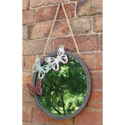 Butterfly Mirror Metal Grey with Rustic Pattern Hanging - 33cm