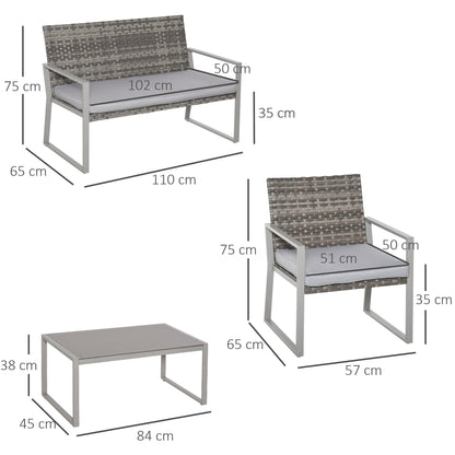 4-Piece Rattan Garden Furniture Set 2 Single Sofa Arm Chairs 1 Bench with Cushions & Coffee Table Patio Backyard Wicker Weave